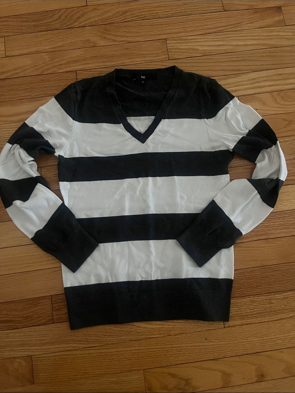 Women's Black & White Striped V-Neck Sweater